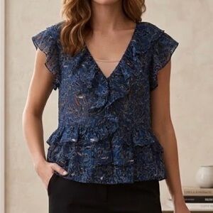 Ulla Johnson Shona top blouse in dusk, ruffle neckline, hem and sleeves. Silk 8